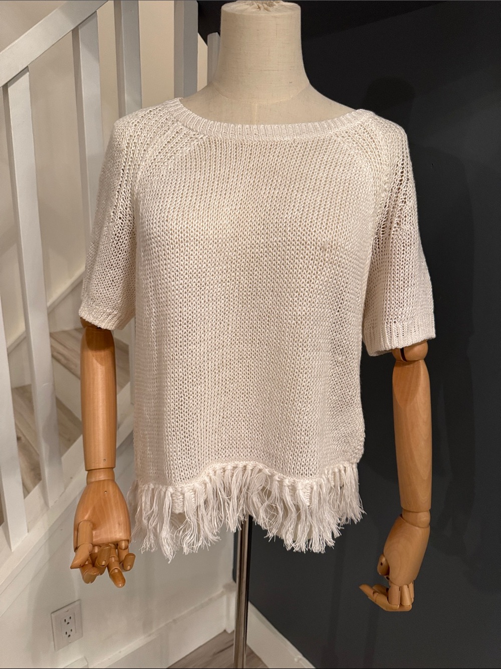 J. Crew Cream Knit Fringe-Trim Top. Size Small - Picture 2 of 9